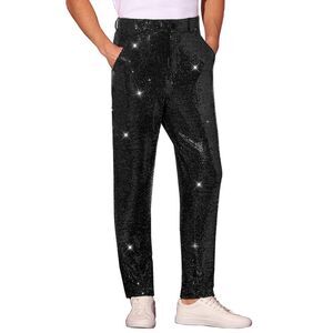 Sequins Pants Party Disco Shiny Sparkly Straight Leg Trousers Black